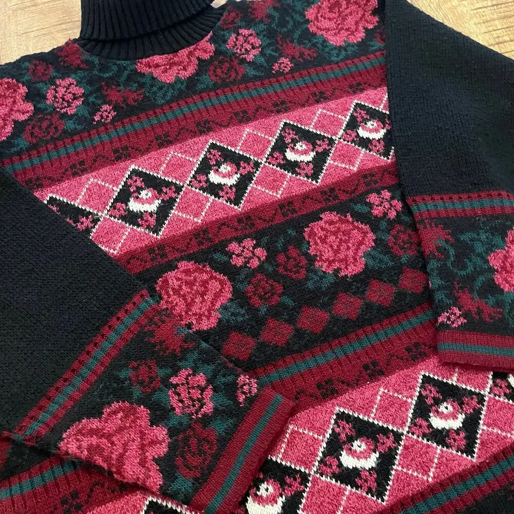 Vintage Cottagecore Turtleneck‎ Sweater Small Rose Floral Tunic Chunky Knit USA